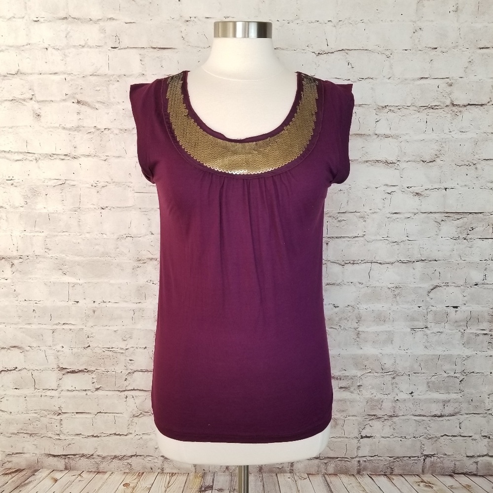 LOFT Bronze Sequin Neckline Maroon Tie-Back Knit Cap Sleeve Top Medium